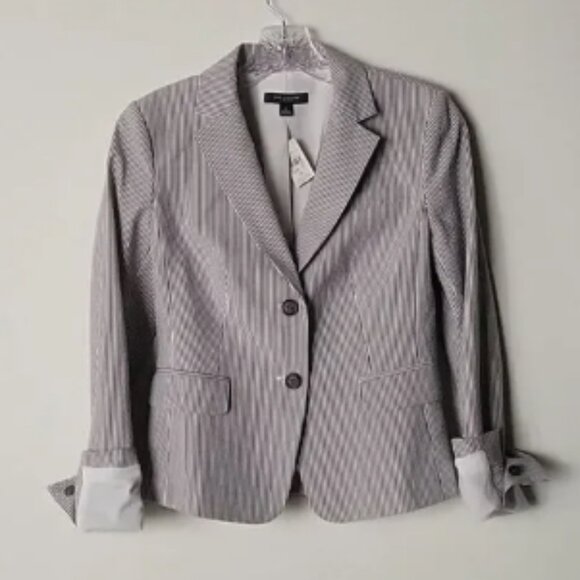 NWT Ann Taylor 0 2 SeerSucker Blue Stripe Jacket Blazer Academia Office Stretchy - Picture 1 of 5